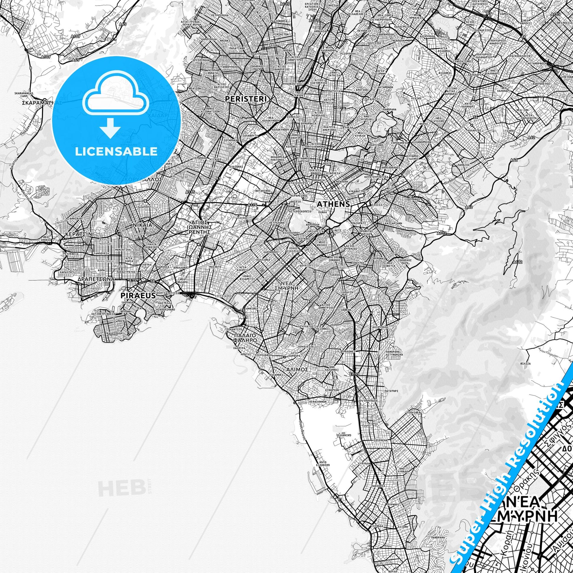 Nea Smyrni, Greece light map with streetnames, citynames and districts