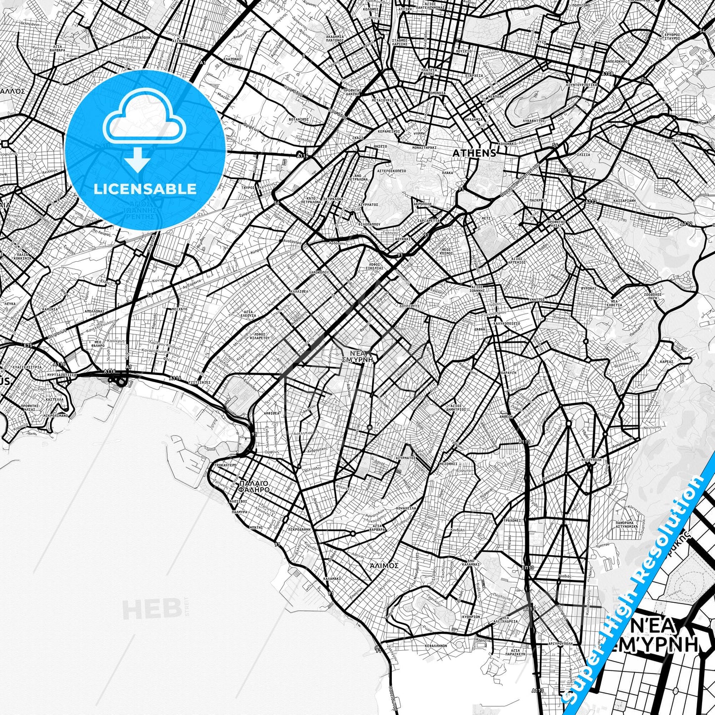 Nea Smyrni, Greece Light Map with Street Names, City Names, and Districts
