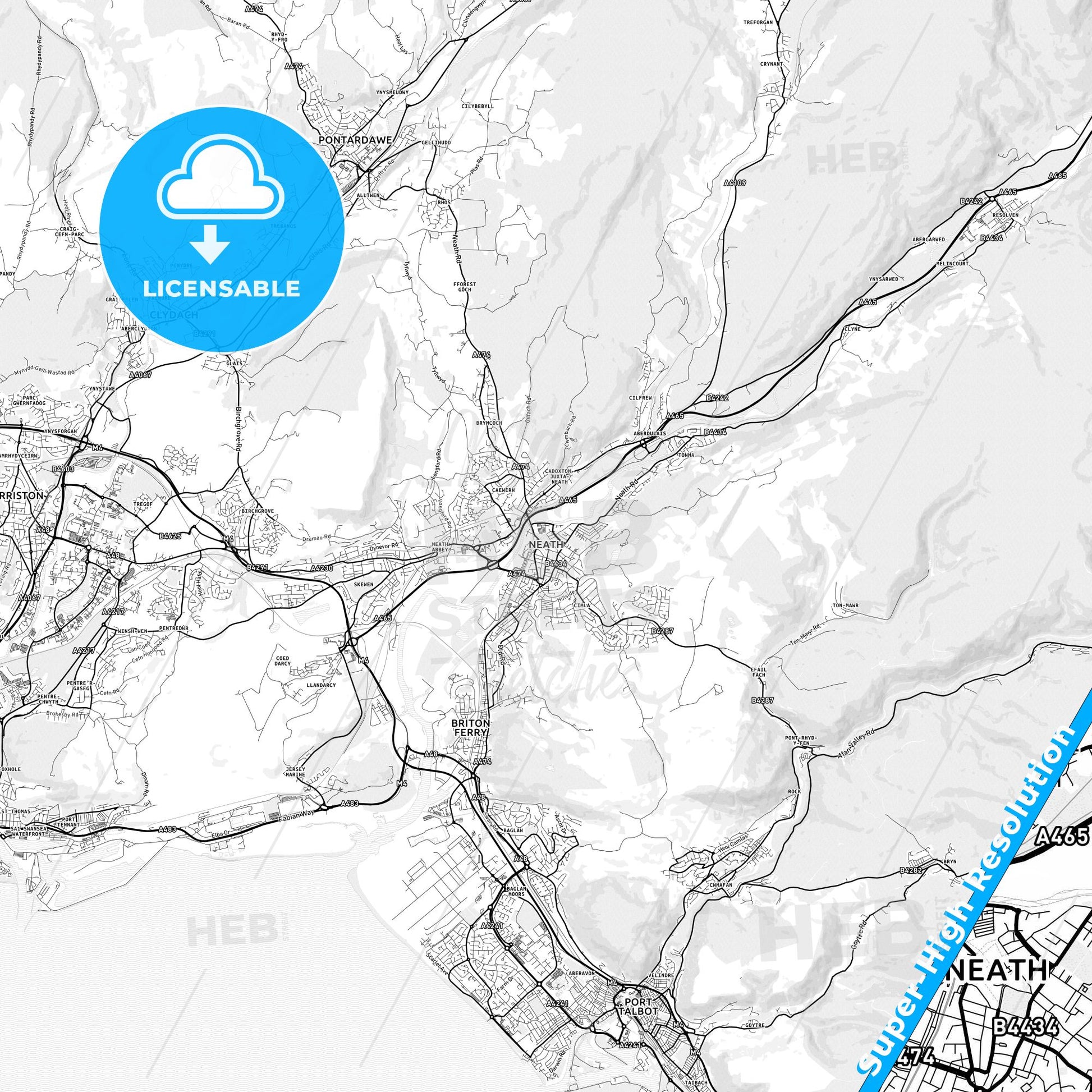 Neath, Wales light map with streetnames, citynames and districts