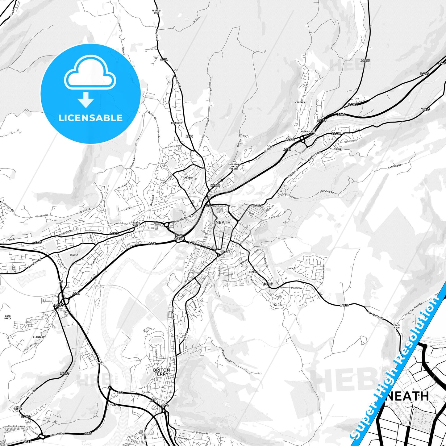 Neath, Wales Light Map with Street Names, City Names, and Districts