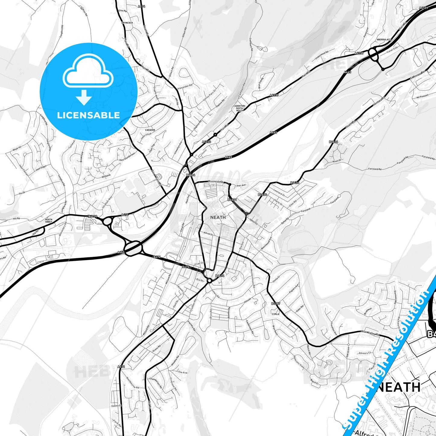 Neath, Wales Light Map with Street Names, City Names, and Districts