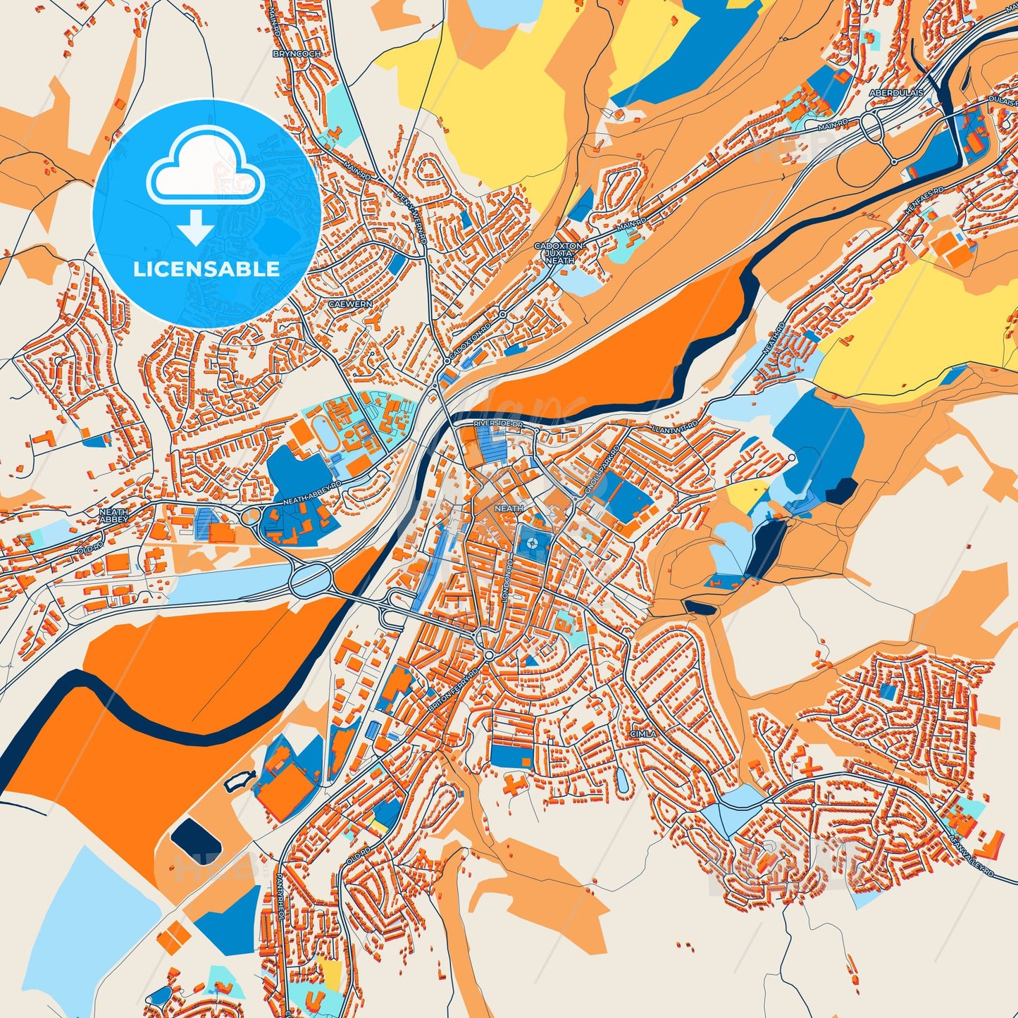Colorful Neath Street Map with Labels and Buildings