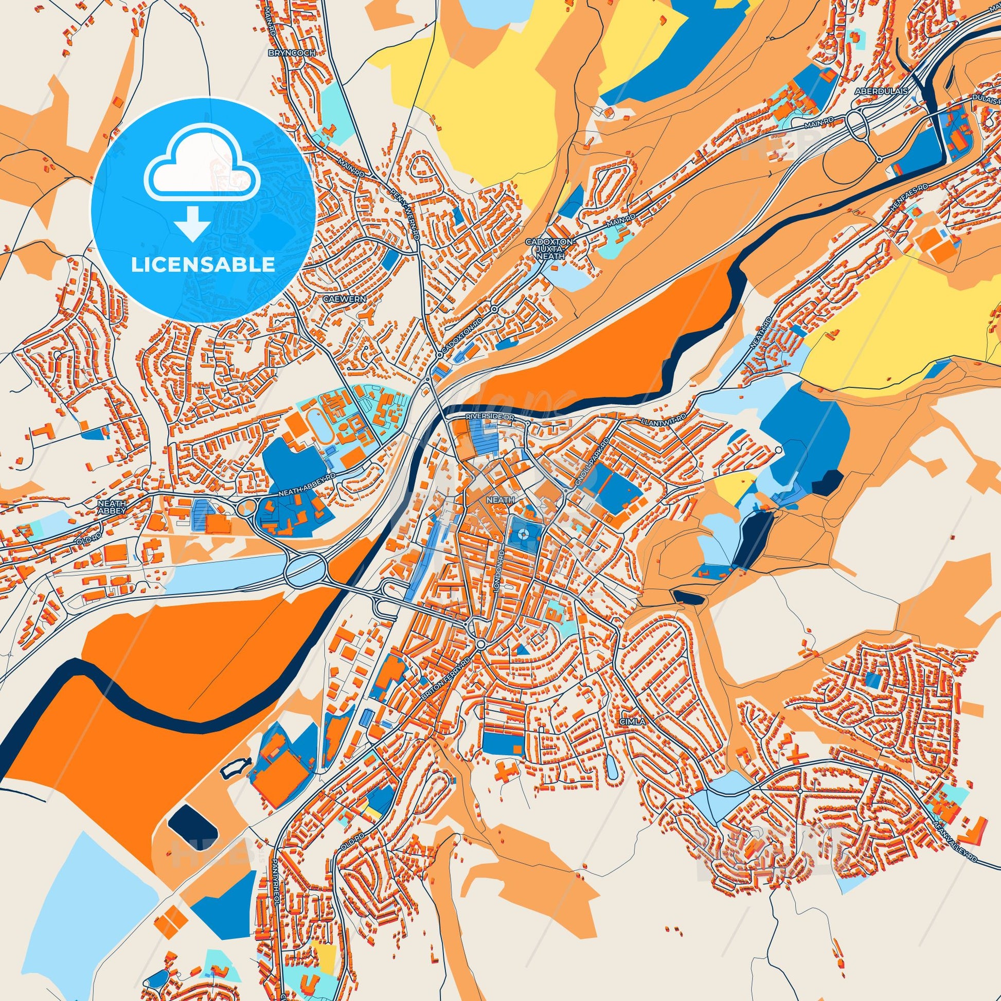 Colorful Neath Street Map with Labels and Buildings