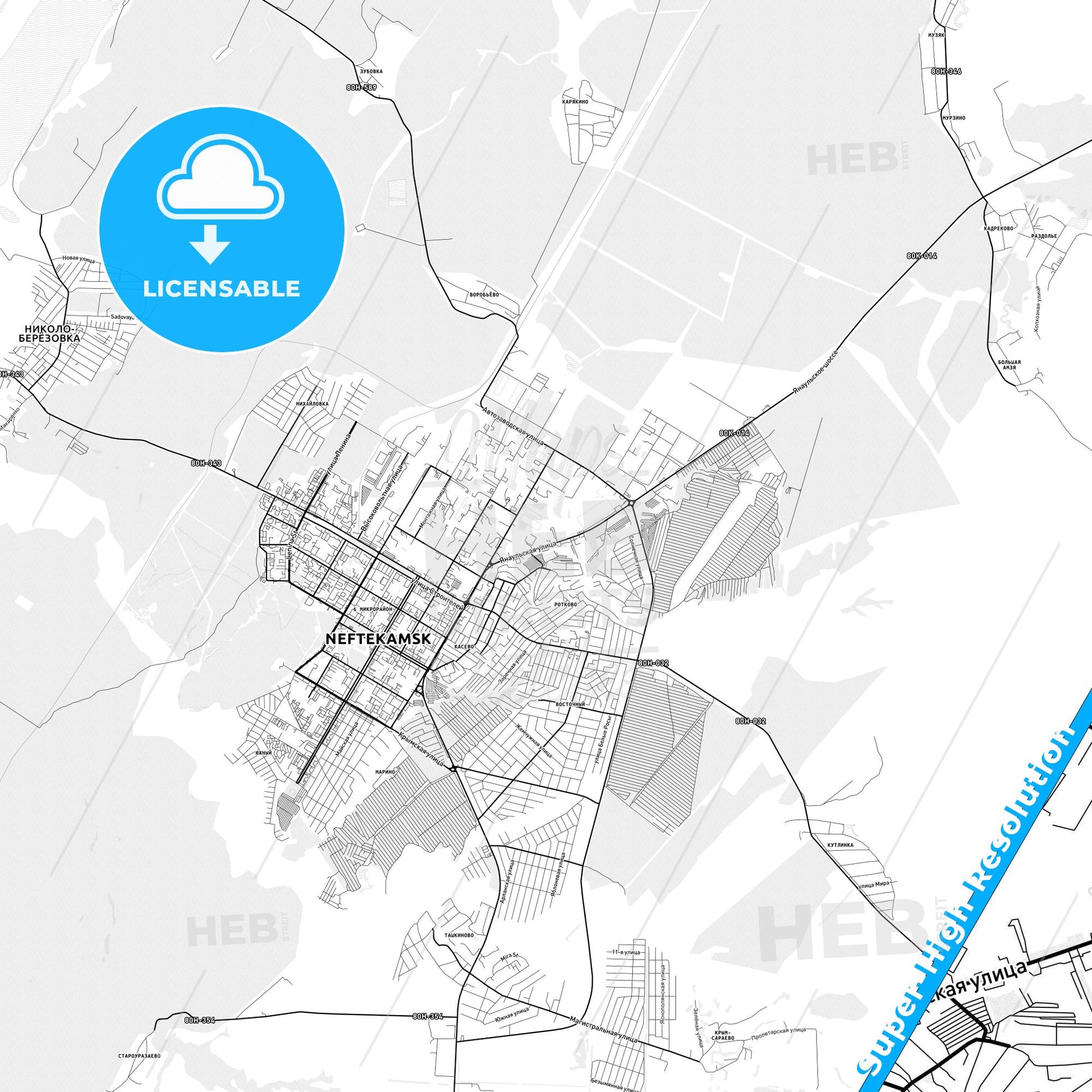 Neftekamsk, Russia light map with streetnames, citynames and districts