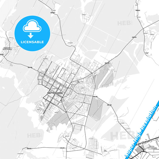 Neftekamsk, Russia light map with streetnames, citynames and districts