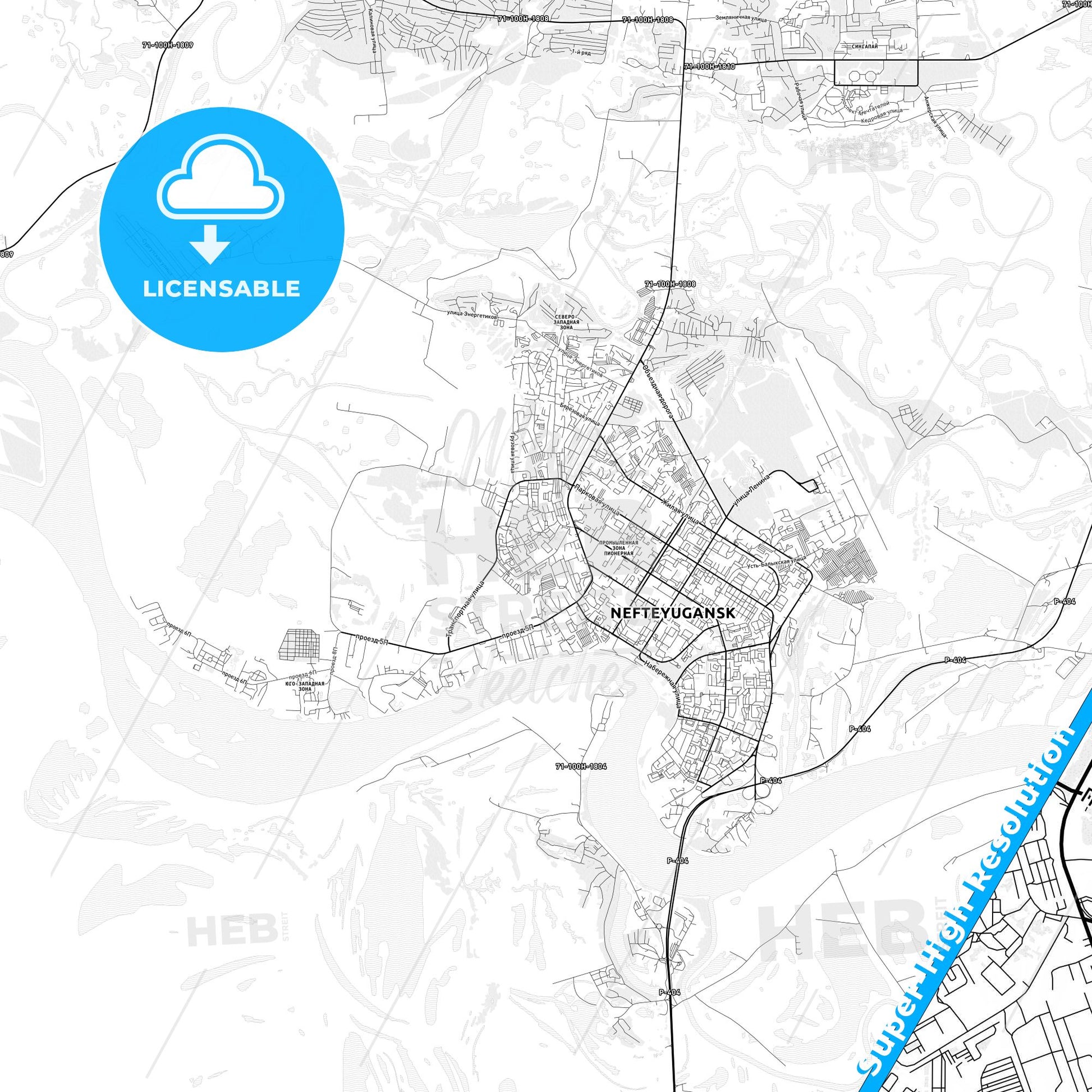 Nefteyugansk, Russia light map with streetnames, citynames and districts