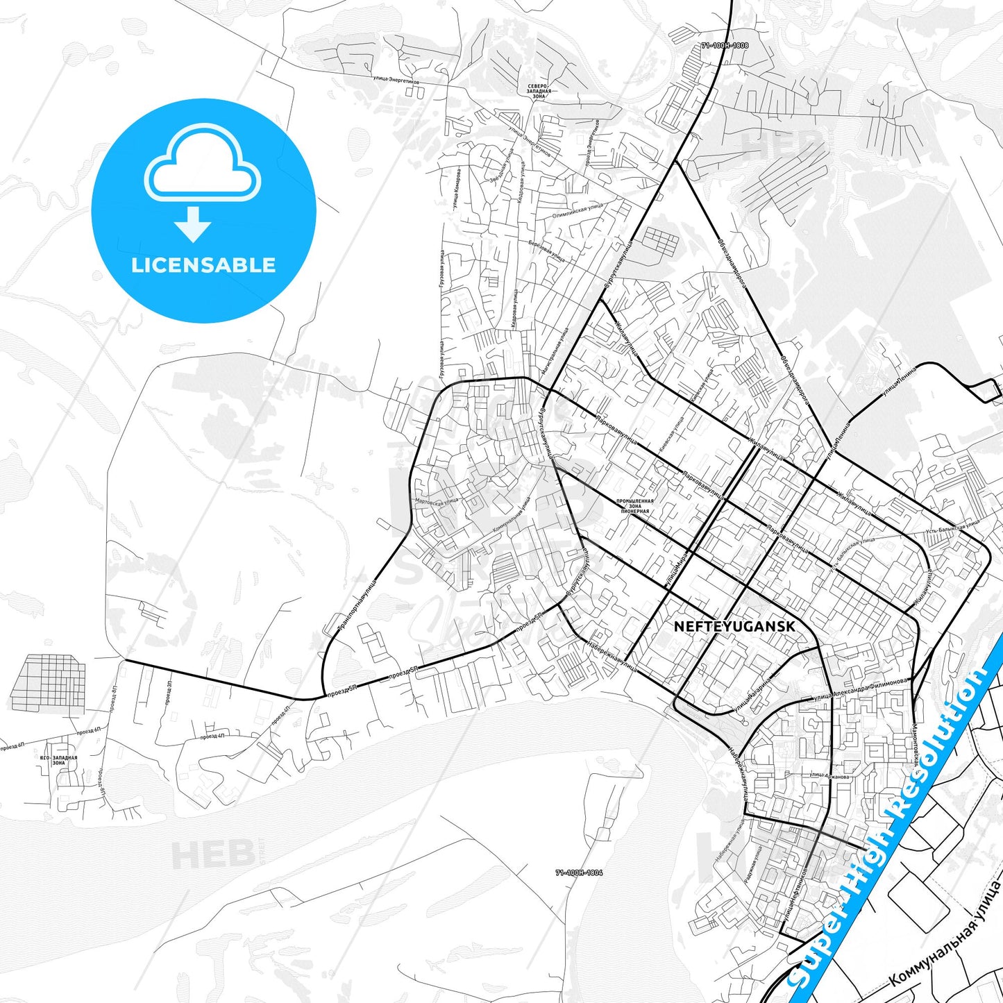 Nefteyugansk, Russia Light Map with Street Names, City Names, and Districts