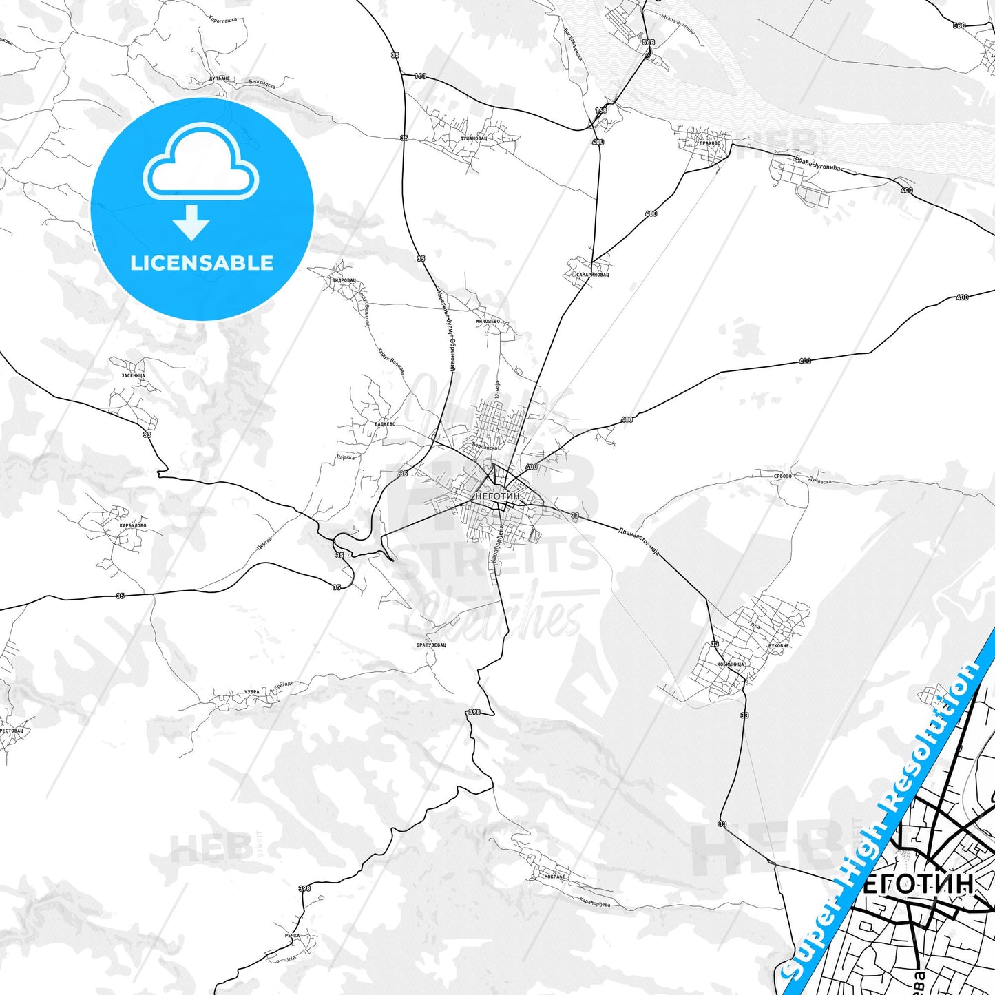 Negotin, Serbia light map with streetnames, citynames and districts
