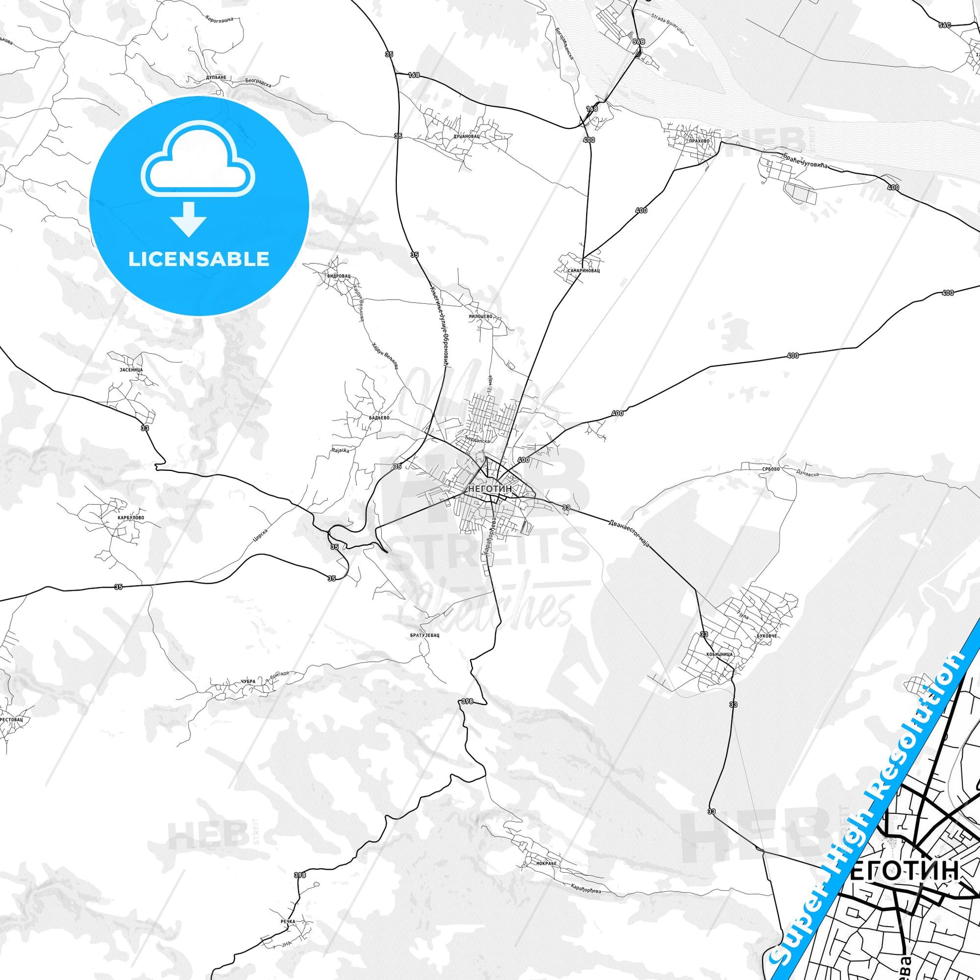 Negotin, Serbia light map with streetnames, citynames and districts