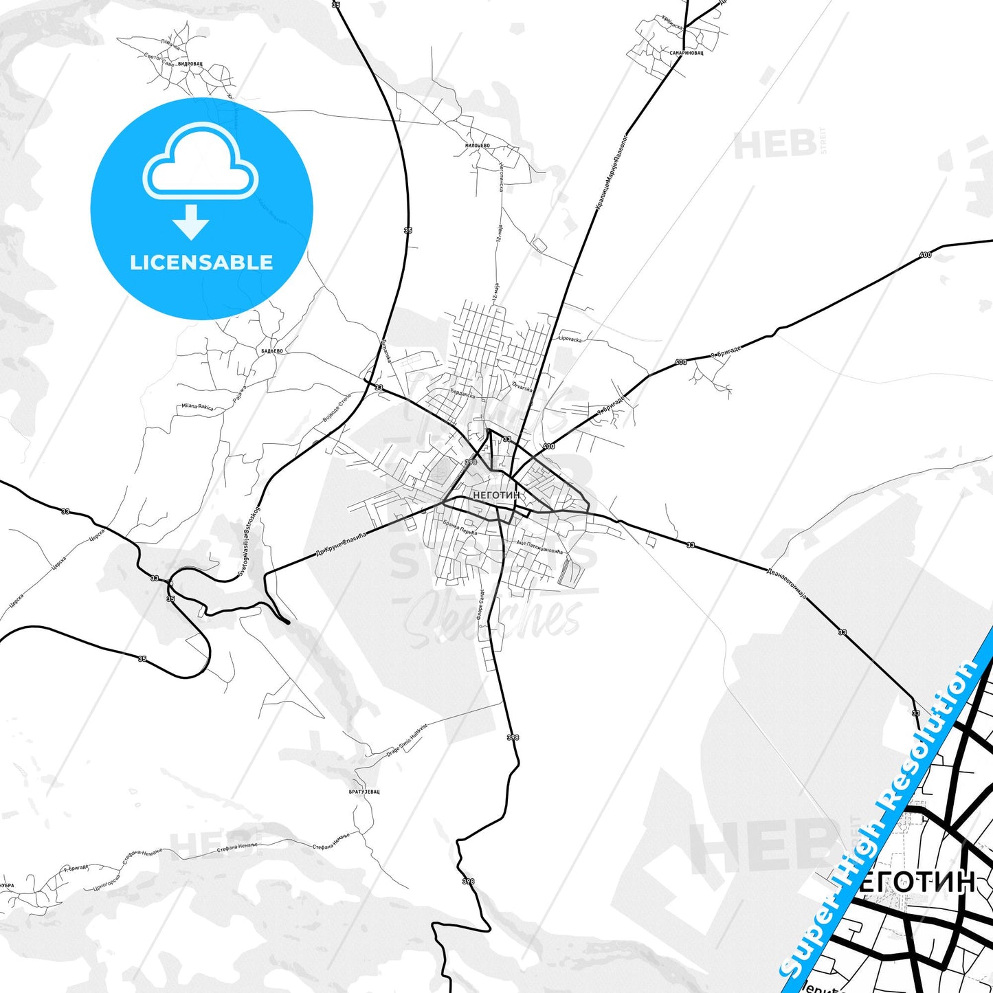 Negotin, Serbia Light Map with Street Names, City Names, and Districts