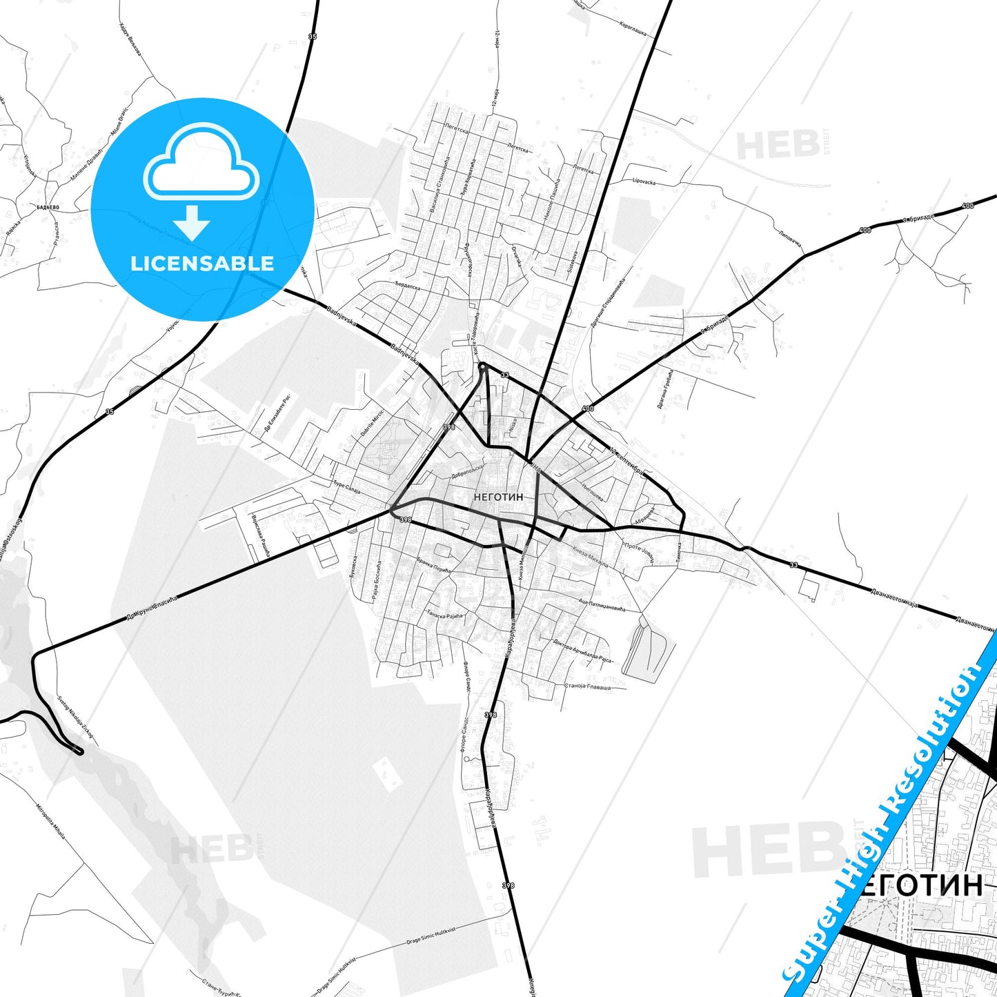 Negotin, Serbia Light Map with Street Names, City Names, and Districts