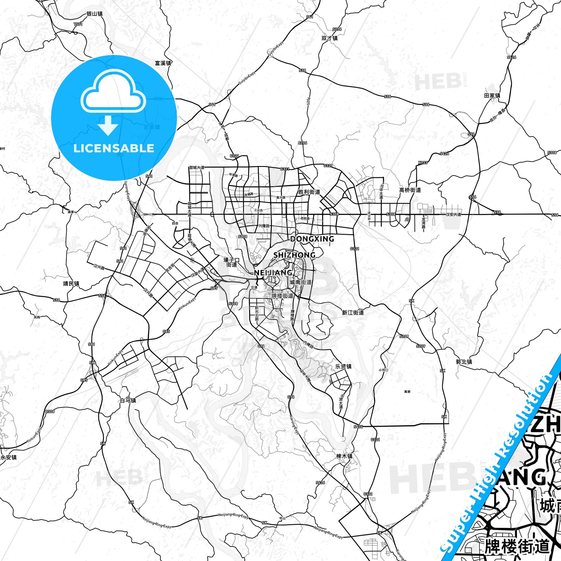 Neijiang, China light map with streetnames, citynames and districts