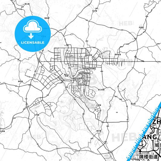 Neijiang, China light map with streetnames, citynames and districts