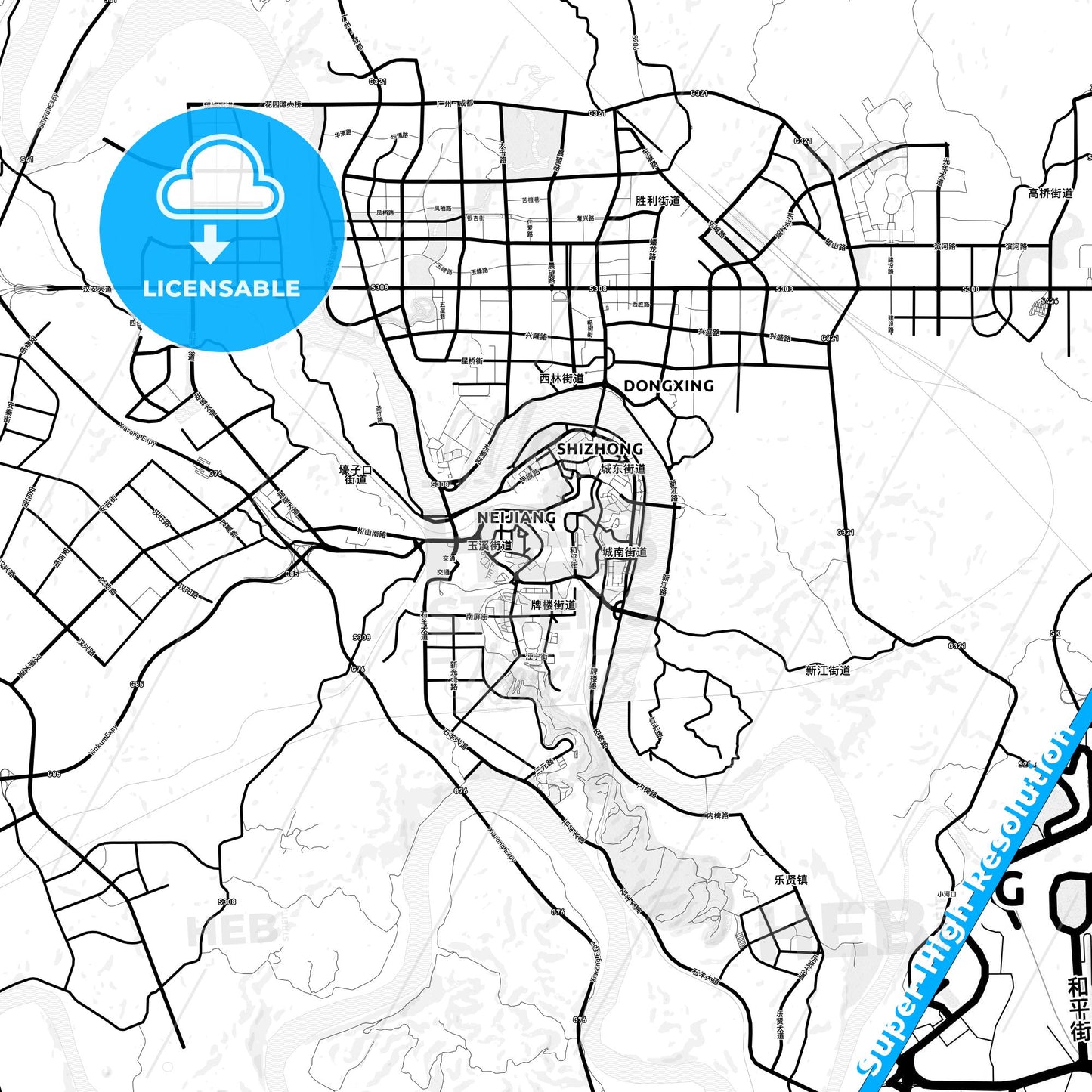 Neijiang, China Light Map with Street Names, City Names, and Districts