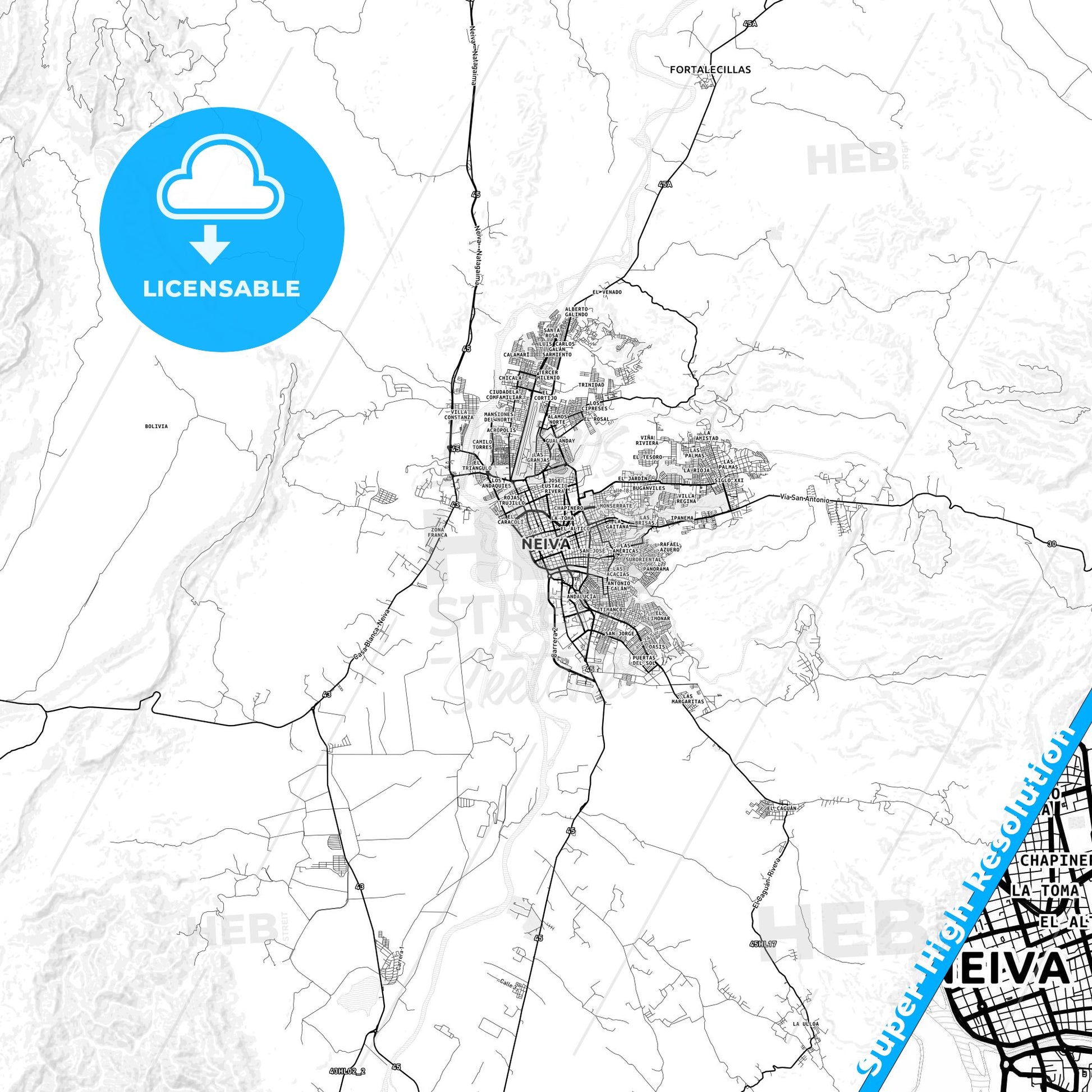 Neiva, Colombia light map with streetnames, citynames and districts