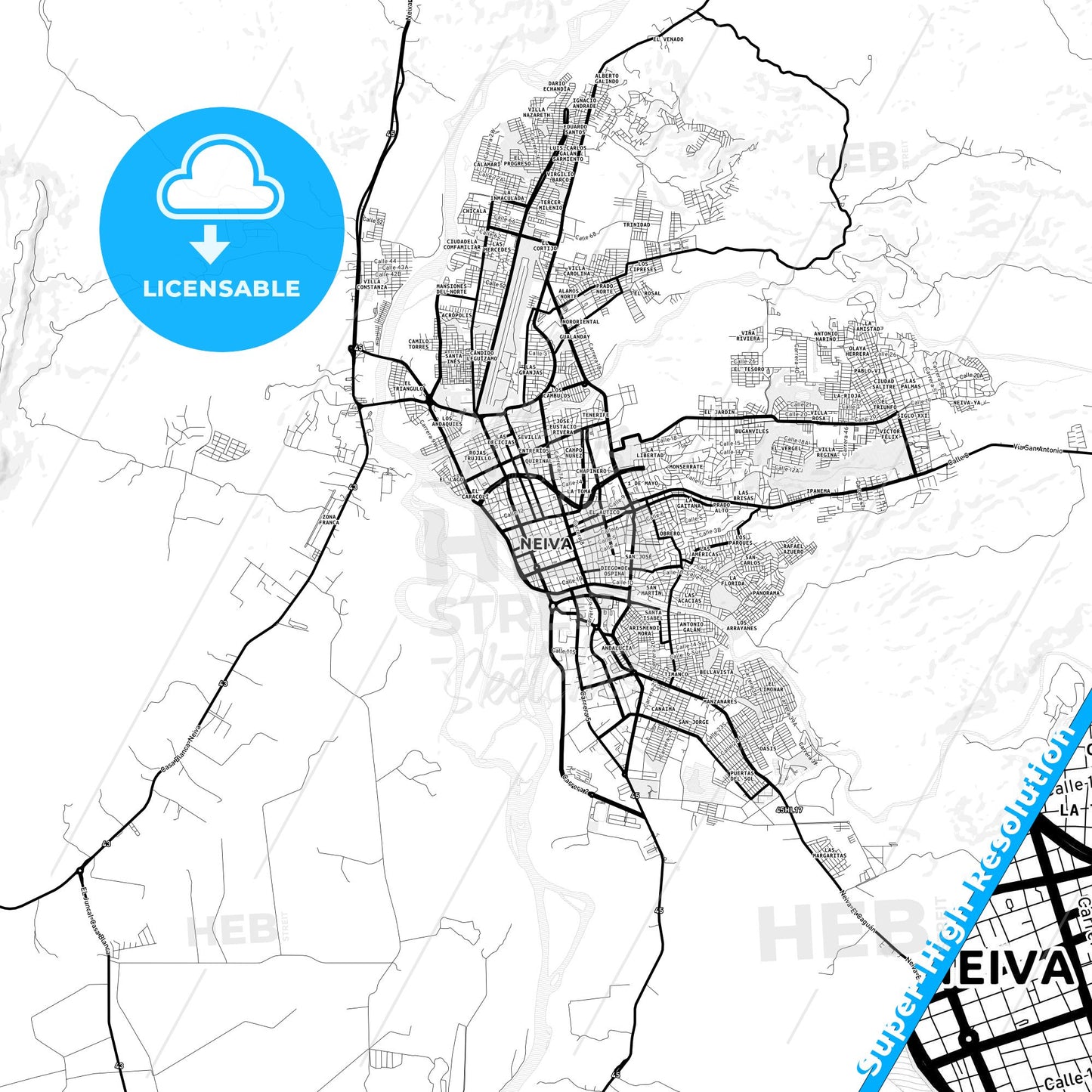 Neiva, Colombia Light Map with Street Names, City Names, and Districts