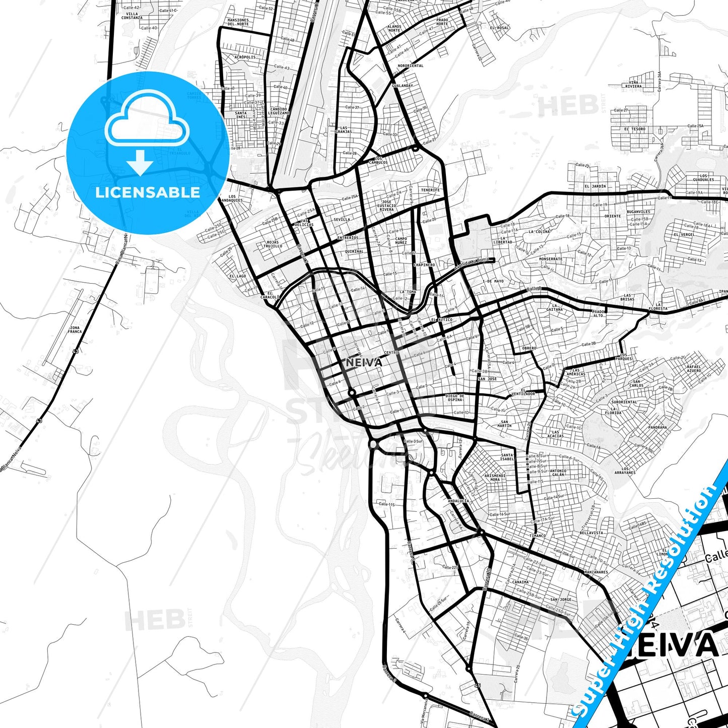 Neiva, Colombia Light Map with Street Names, City Names, and Districts