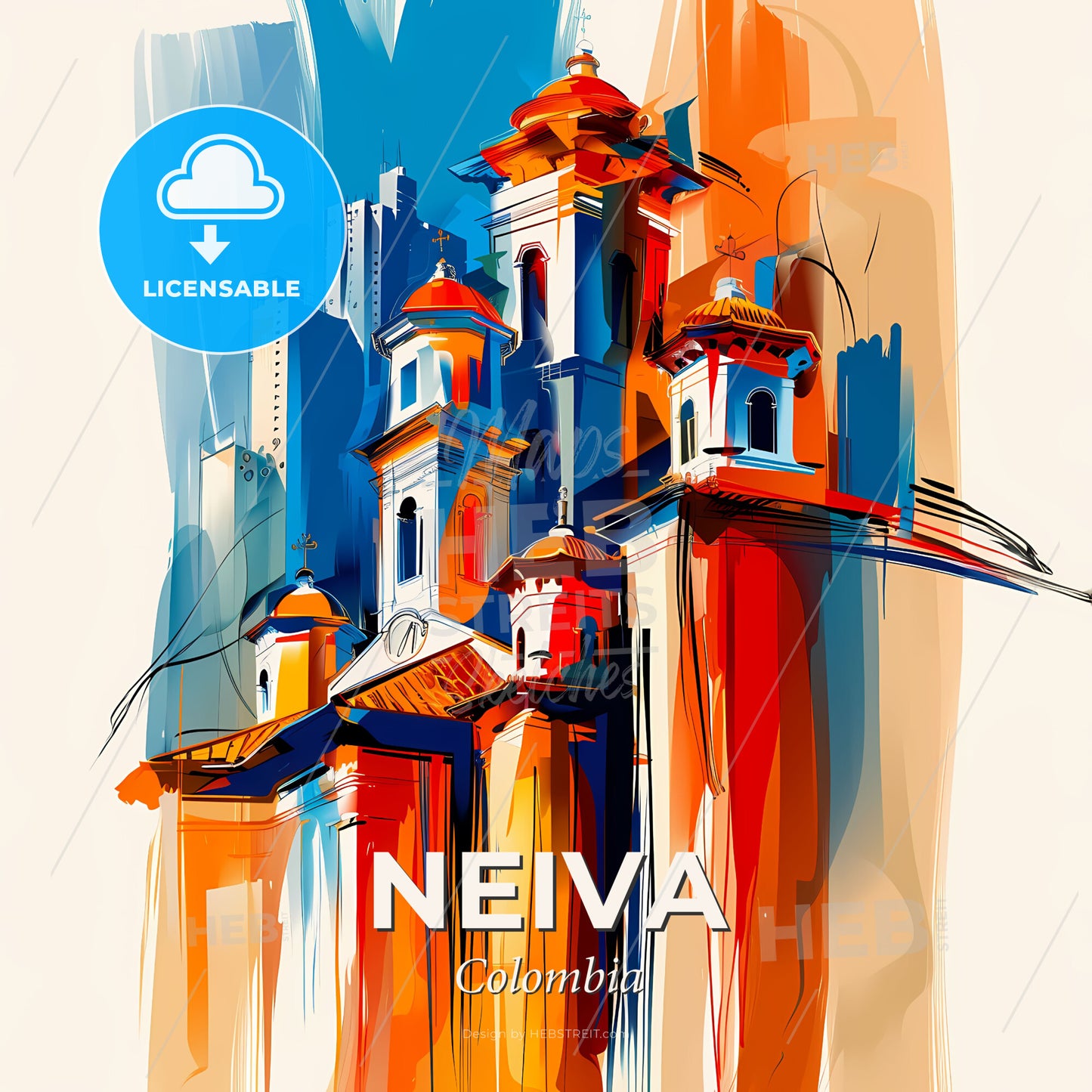 Vibrant Neiva, Colombia - A Painting Of A Building With Towers And Towers - Square format print template