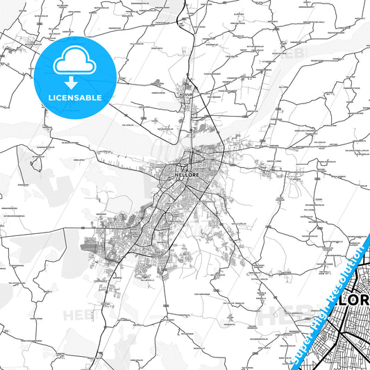 Nellore, India light map with streetnames, citynames and districts
