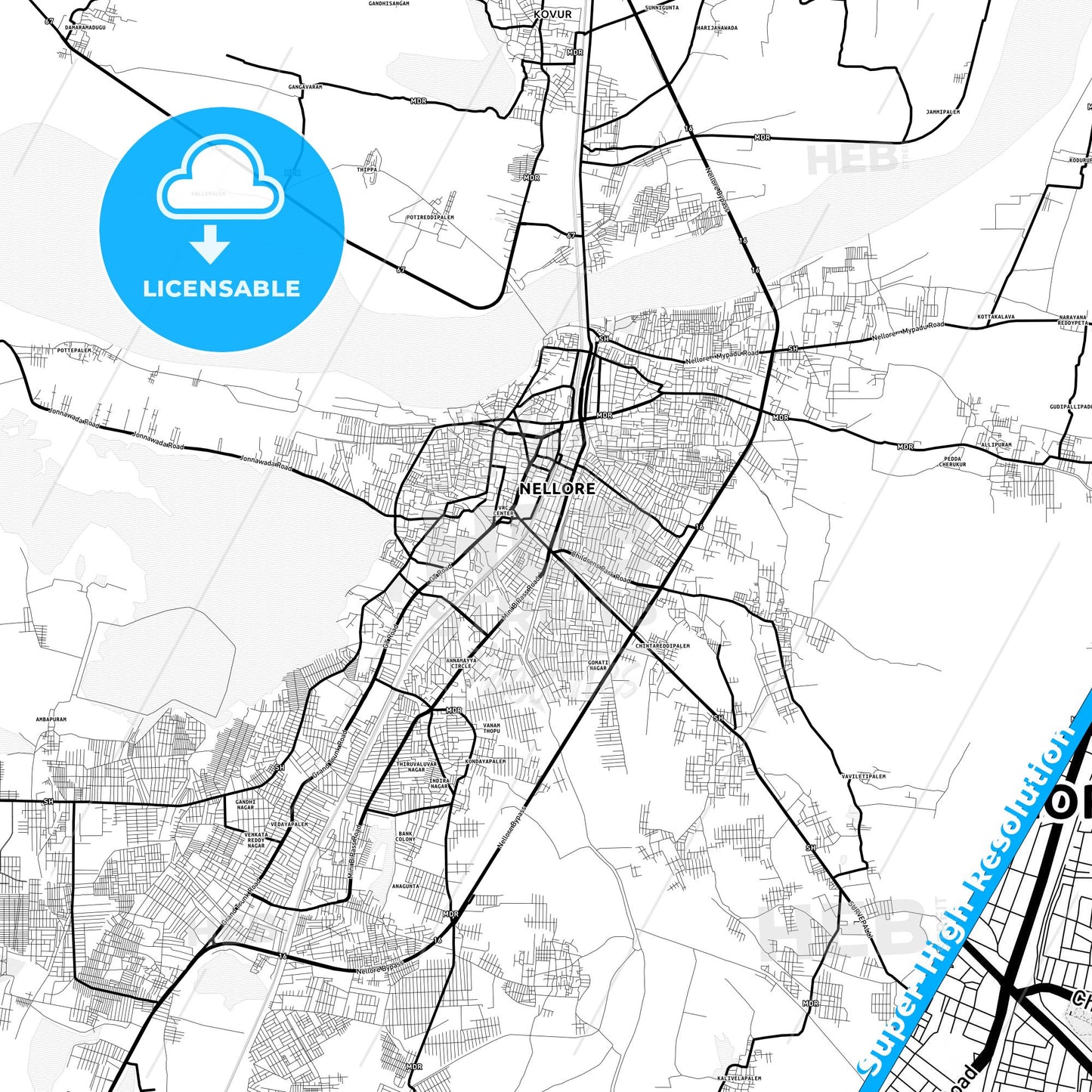 Nellore, India Light Map with Street Names, City Names, and Districts