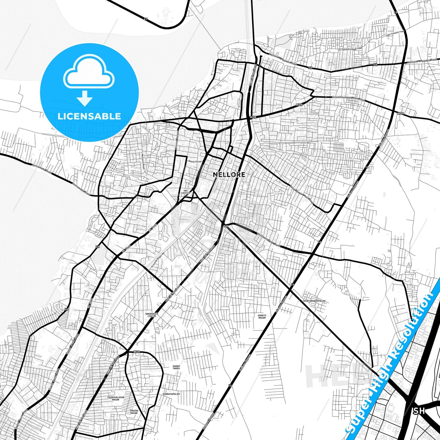 Nellore, India Light Map with Street Names, City Names, and Districts