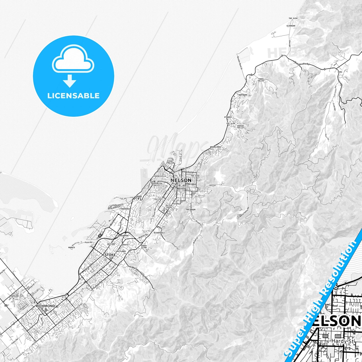 Nelson, New Zealand light map with streetnames, citynames and districts