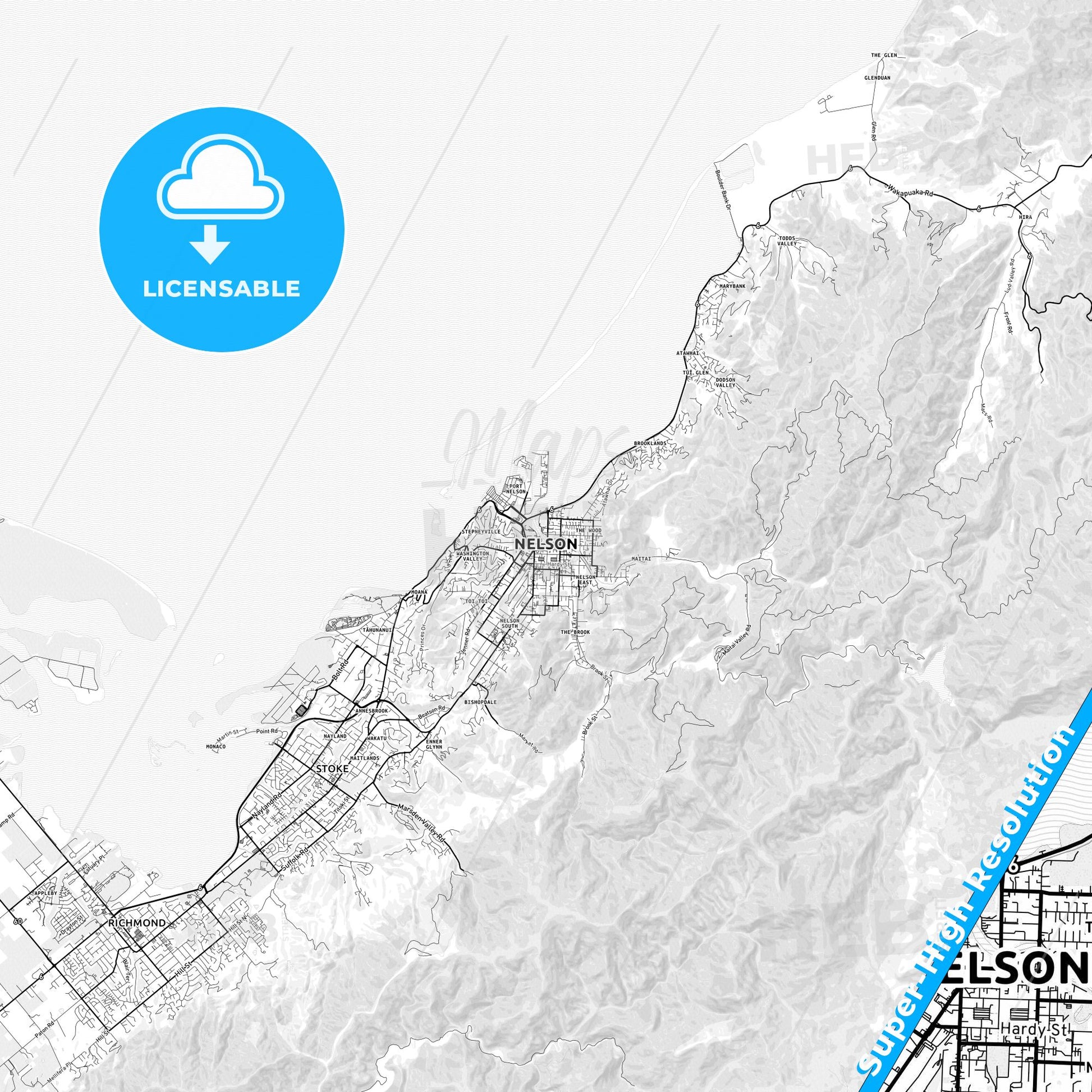 Nelson, New Zealand light map with streetnames, citynames and districts
