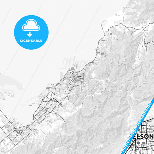 Nelson, New Zealand light map with streetnames, citynames and districts