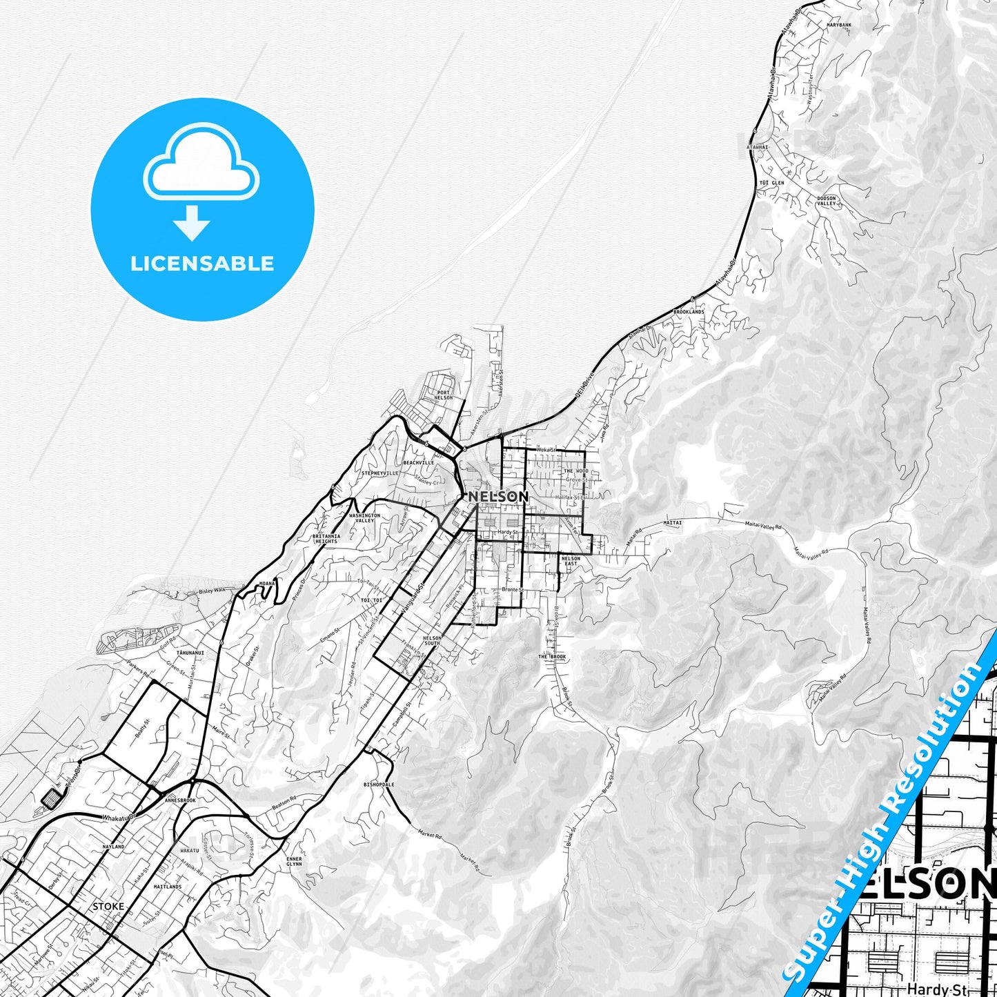 Nelson, New Zealand Light Map with Street Names, City Names, and Districts