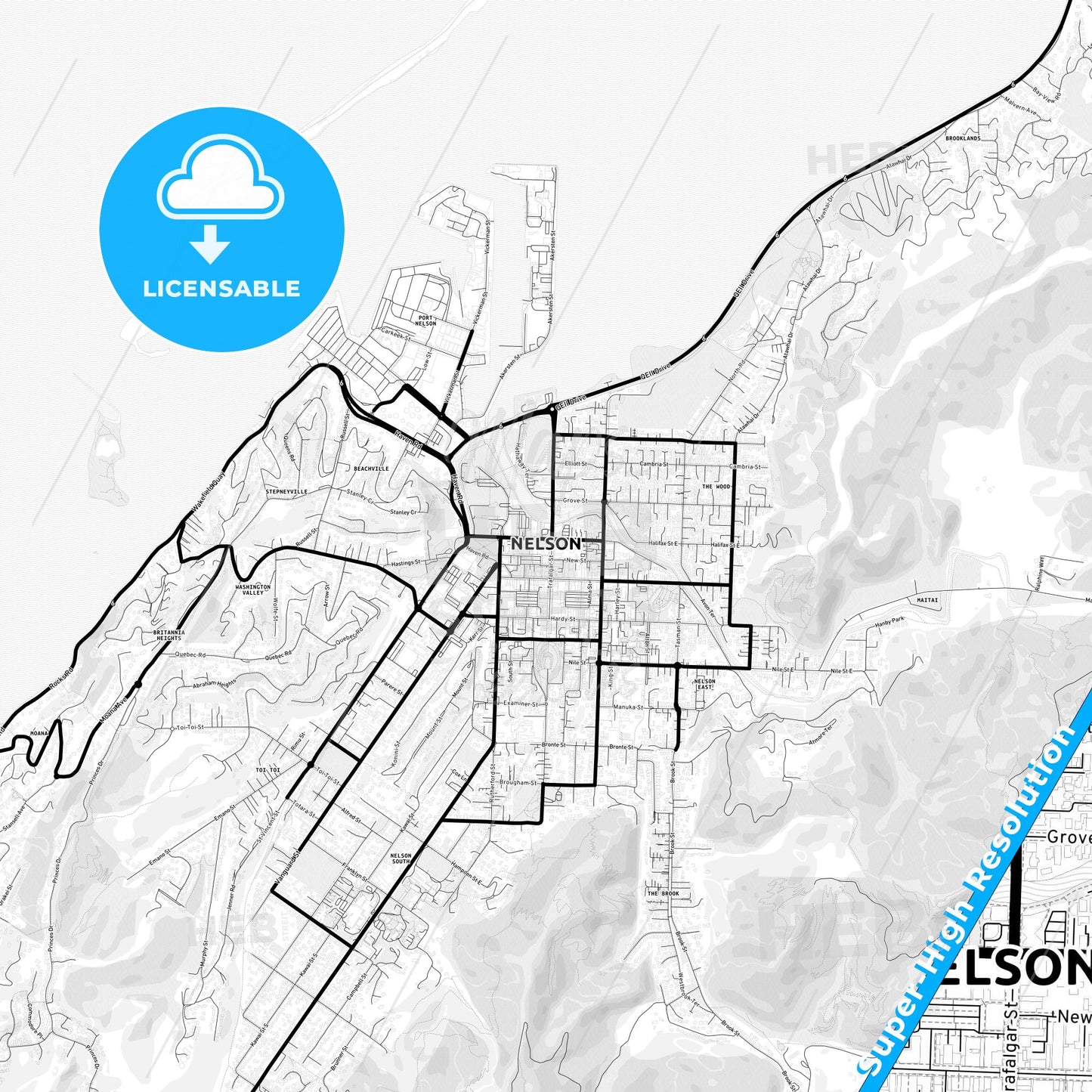 Nelson, New Zealand Light Map with Street Names, City Names, and Districts