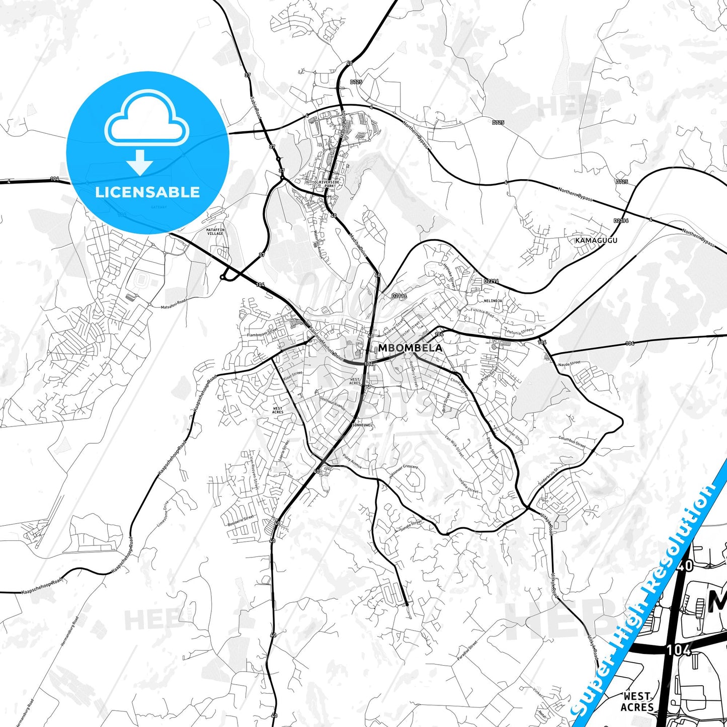 Nelspruit, South Africa Light Map with Street Names, City Names, and Districts