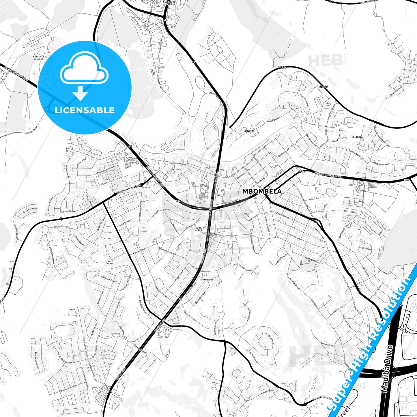 Nelspruit, South Africa Light Map with Street Names, City Names, and Districts