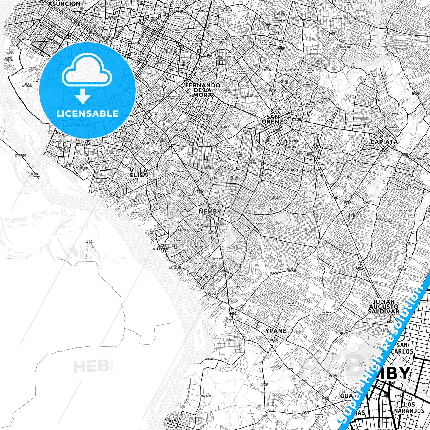 Nemby, Paraguay light map with streetnames, citynames and districts