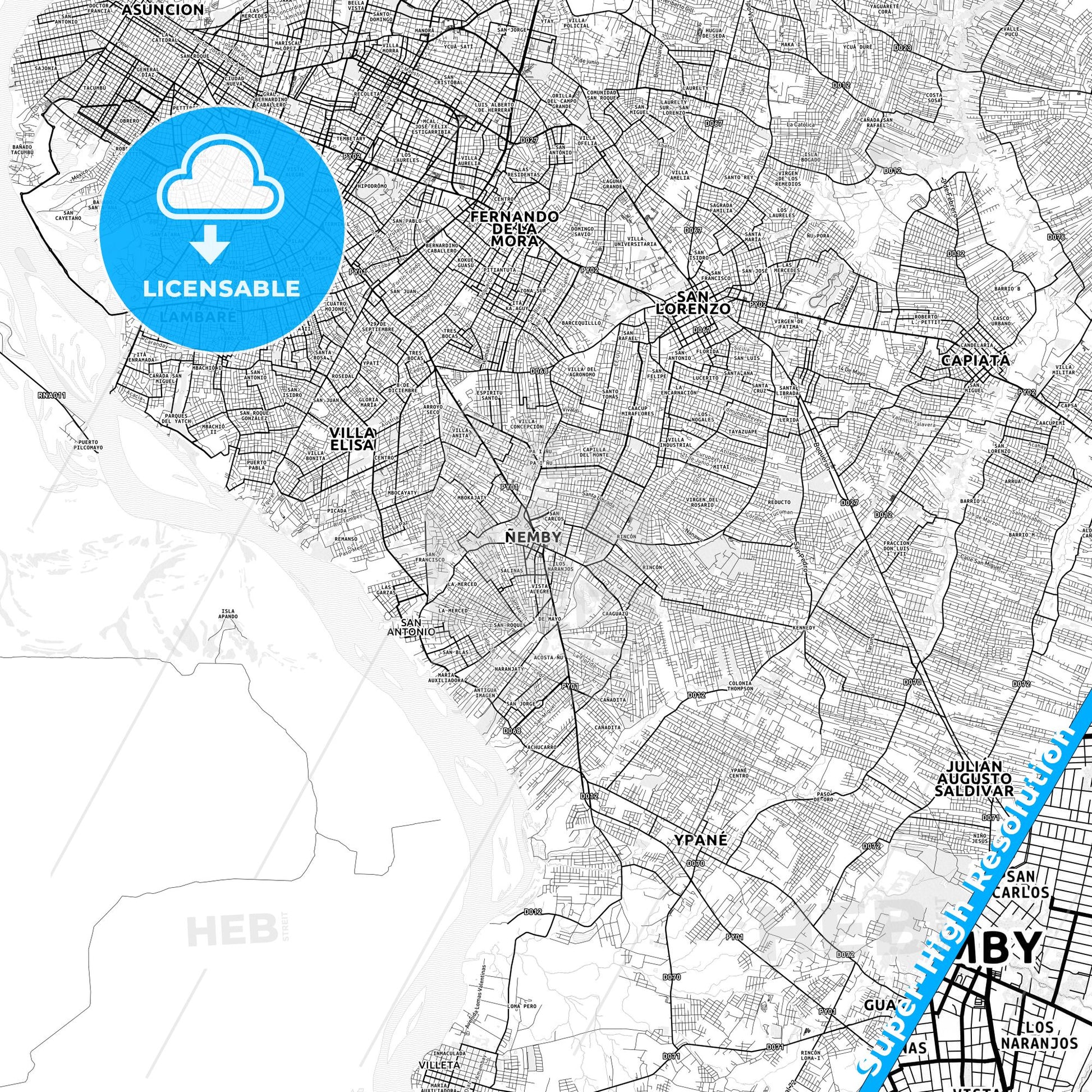 Nemby, Paraguay light map with streetnames, citynames and districts
