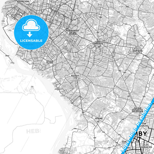 Nemby, Paraguay light map with streetnames, citynames and districts