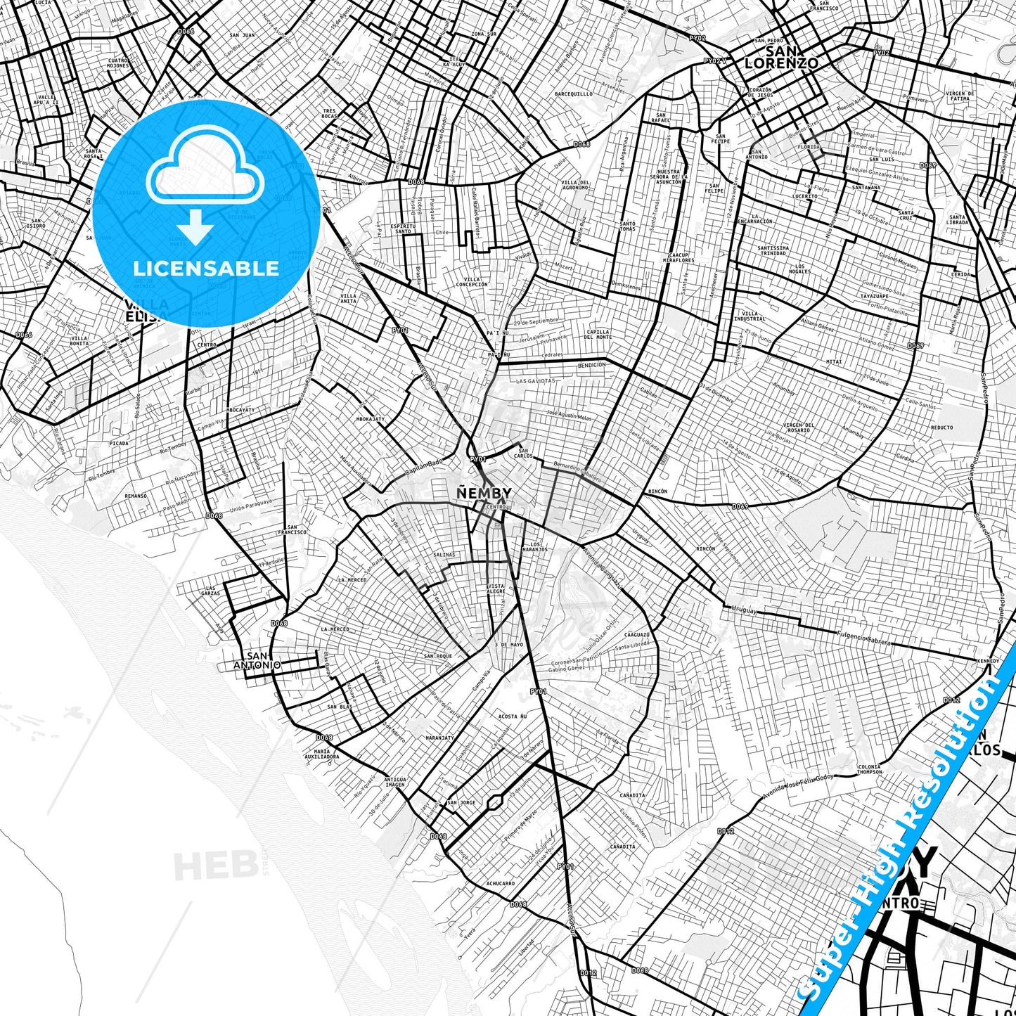 Nemby, Paraguay Light Map with Street Names, City Names, and Districts