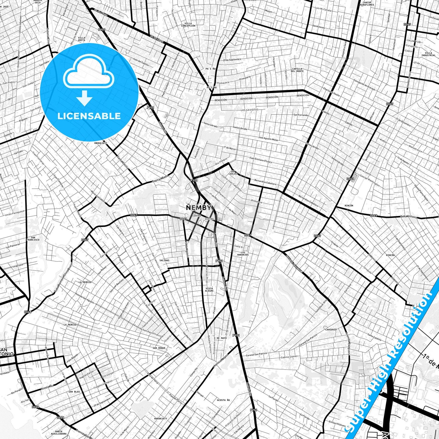 Nemby, Paraguay Light Map with Street Names, City Names, and Districts