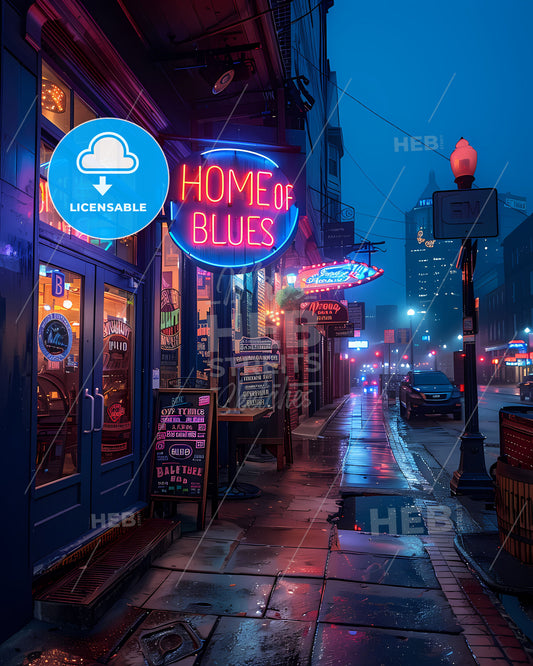 Neon Sign Home of the Blues Featuring Weathered Screen Print, Beale Street at Night, Vibrant and Artistic Representation