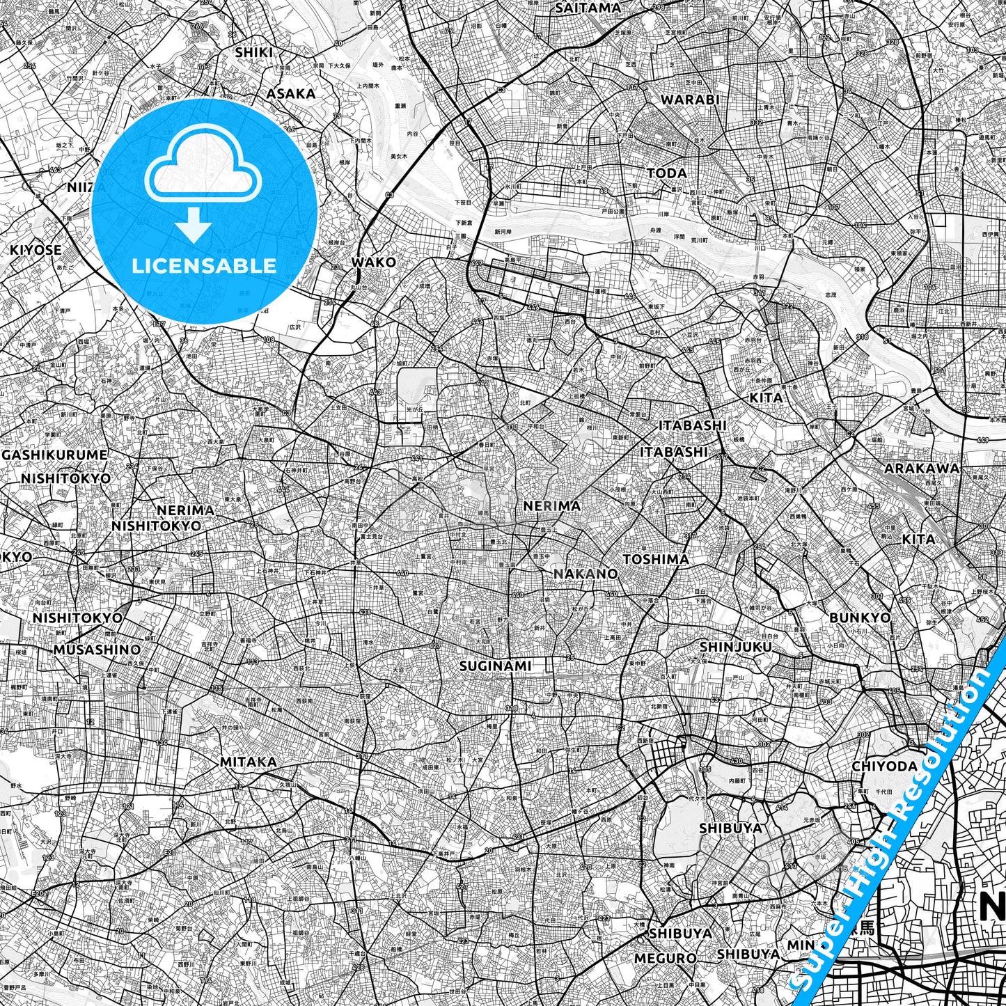 Nerima, Japan light map with streetnames, citynames and districts