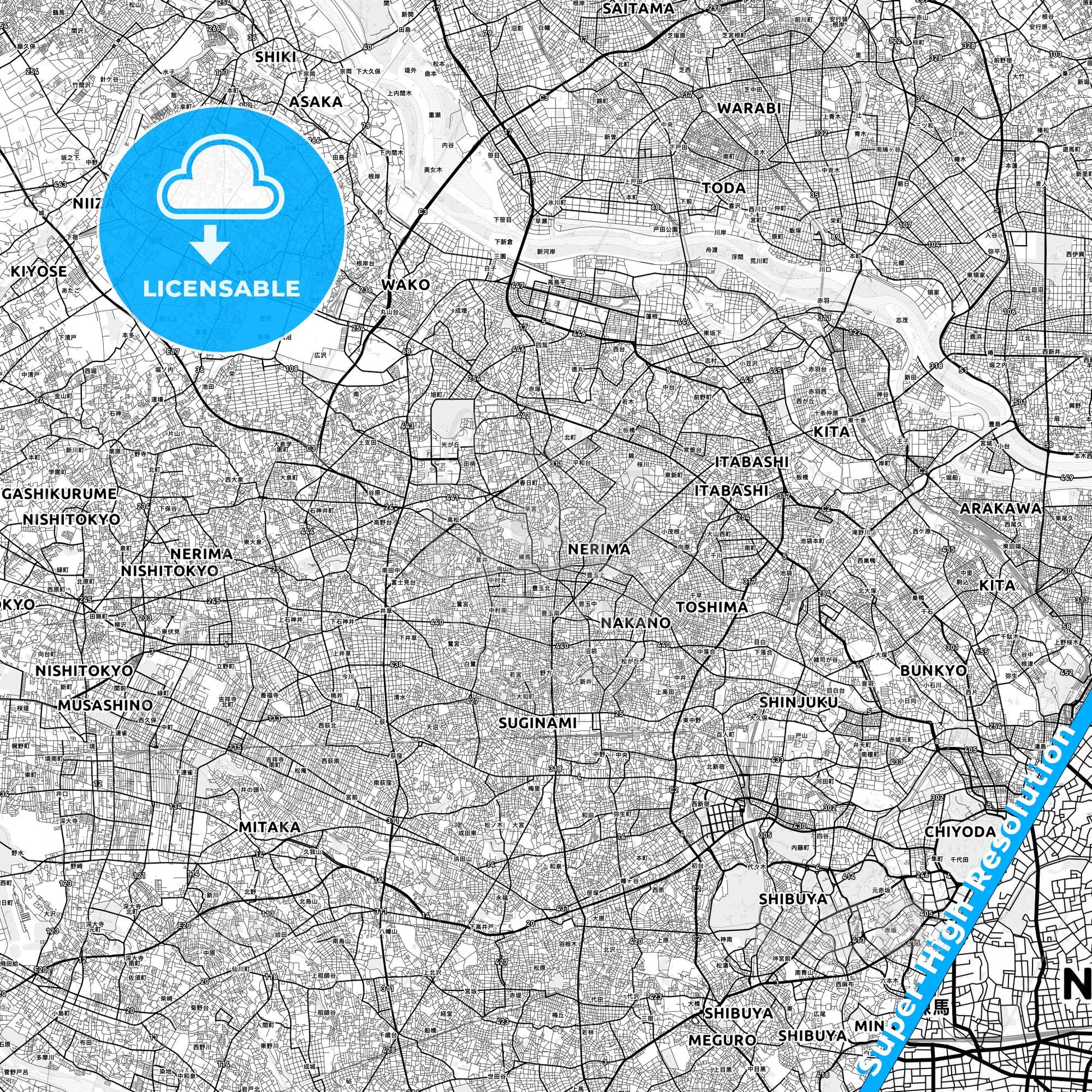 Nerima, Japan light map with streetnames, citynames and districts
