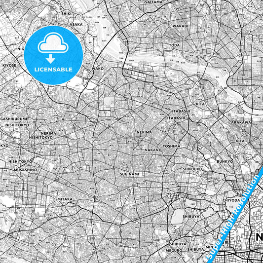 Nerima, Japan light map with streetnames, citynames and districts