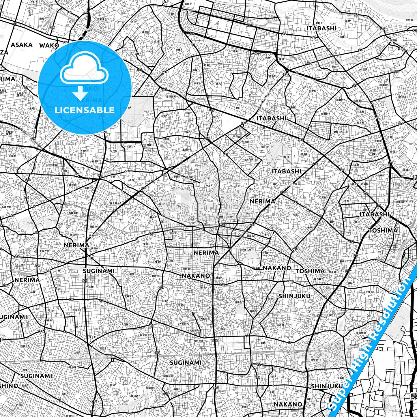 Nerima, Japan Light Map with Street Names, City Names, and Districts