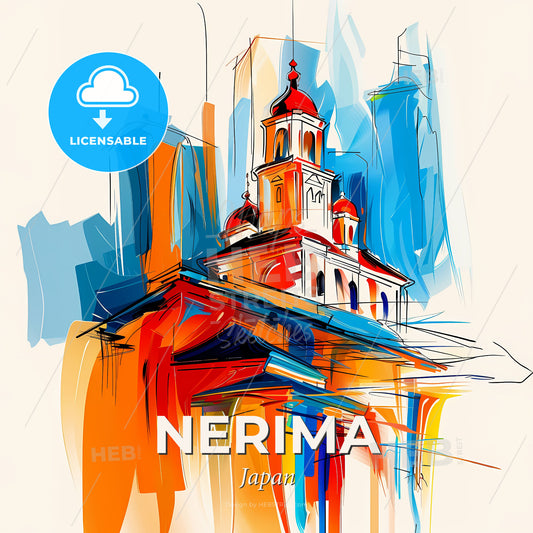 Vibrant Nerima, Japan - A Painting Of A Building With A Tower - Square format print template