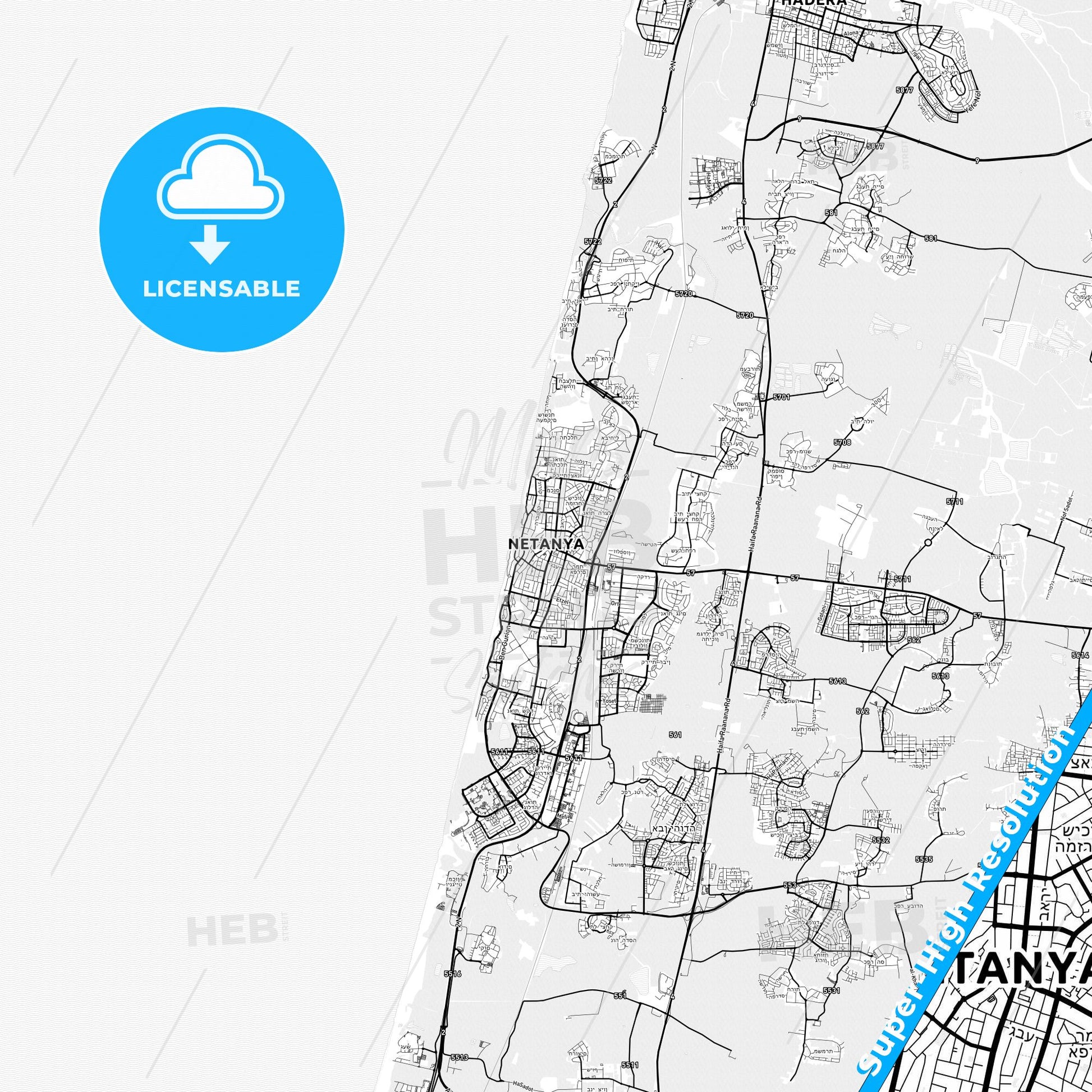 Netanya, Israel light map with streetnames, citynames and districts