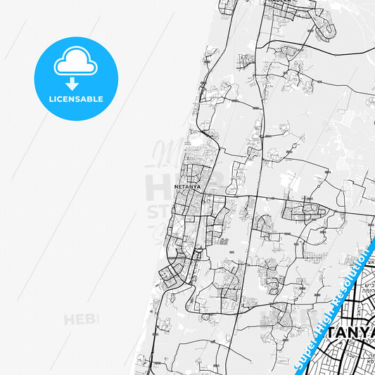 Netanya, Israel light map with streetnames, citynames and districts