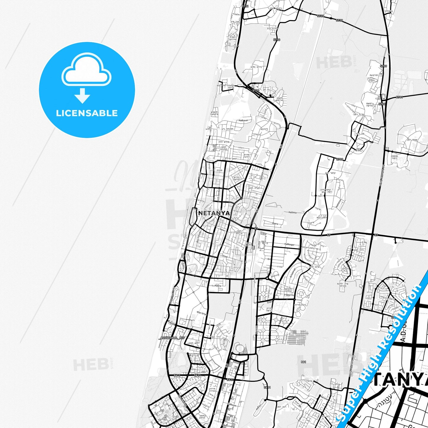 Netanya, Israel Light Map with Street Names, City Names, and Districts