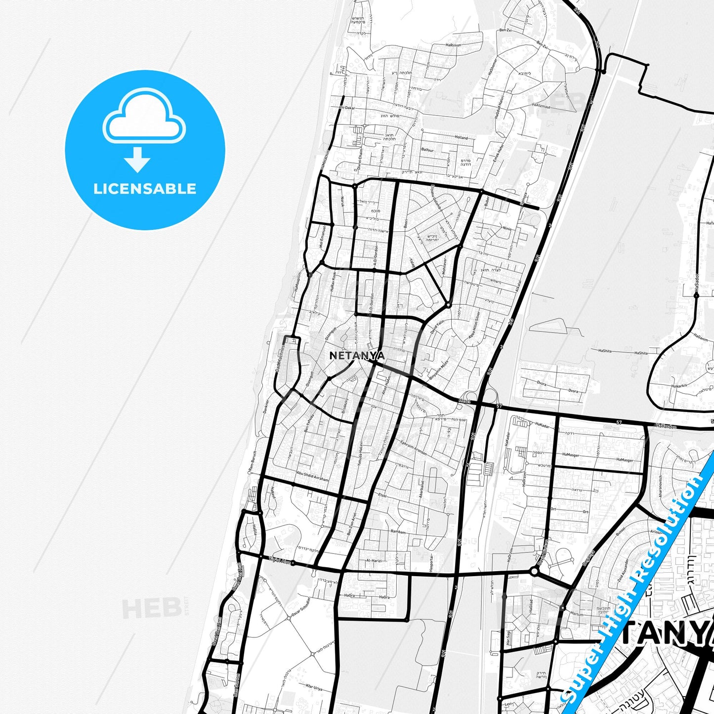 Netanya, Israel Light Map with Street Names, City Names, and Districts
