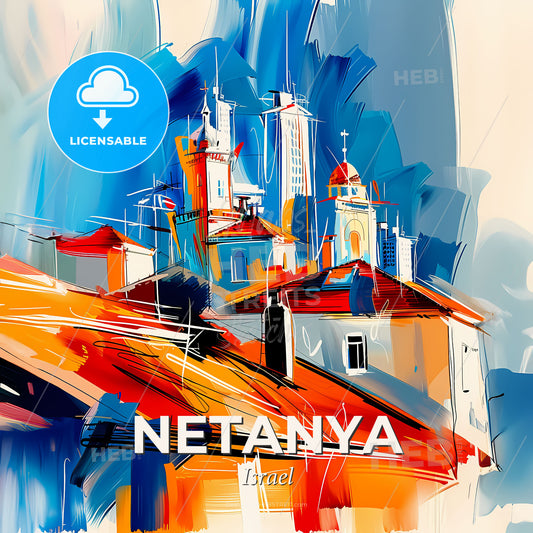 Vibrant Netanya, Israel - A Painting Of Buildings On A Rooftop - Square format print template