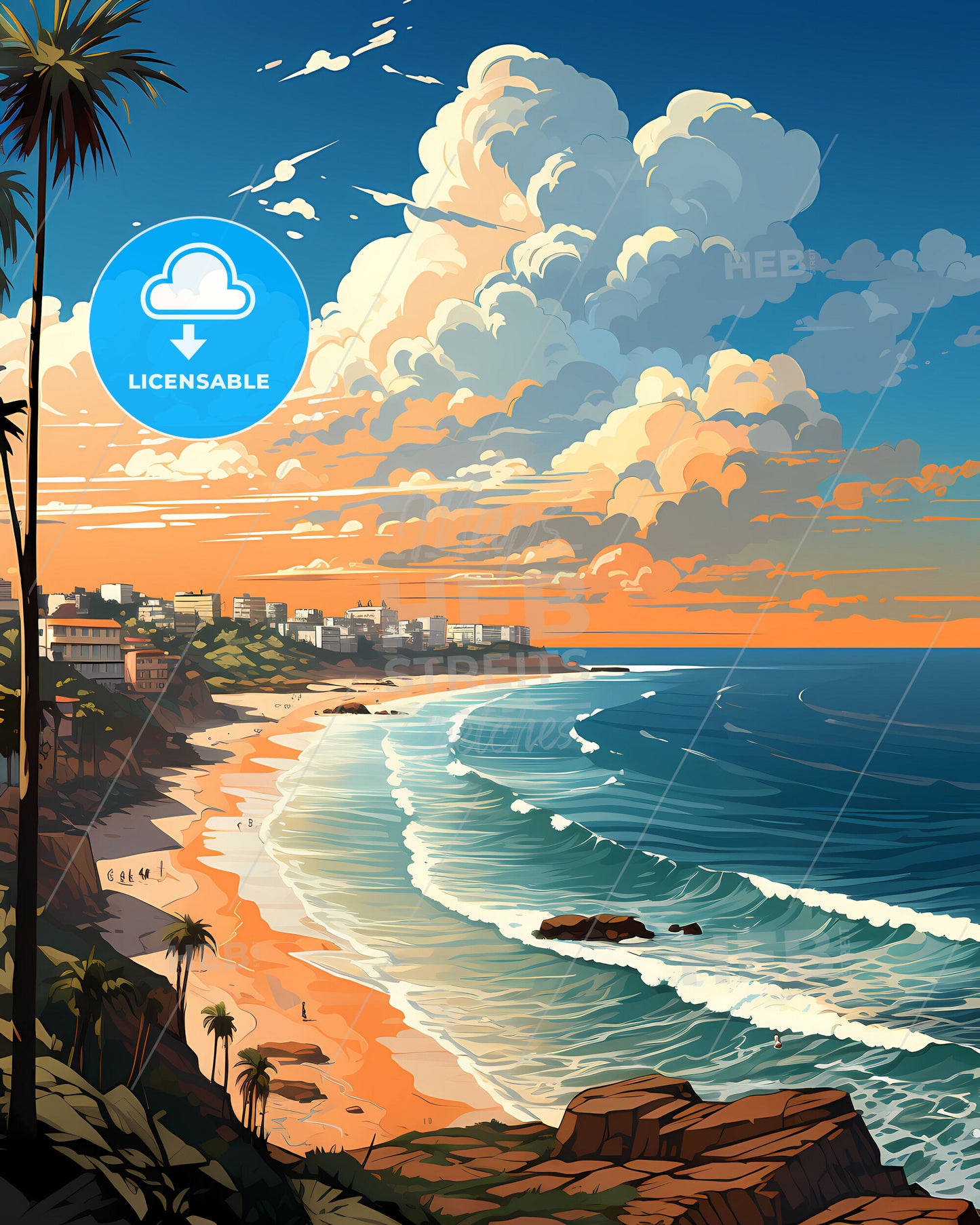 Vibrant Artistic Beach City Skyline with Palm Trees and Buildings