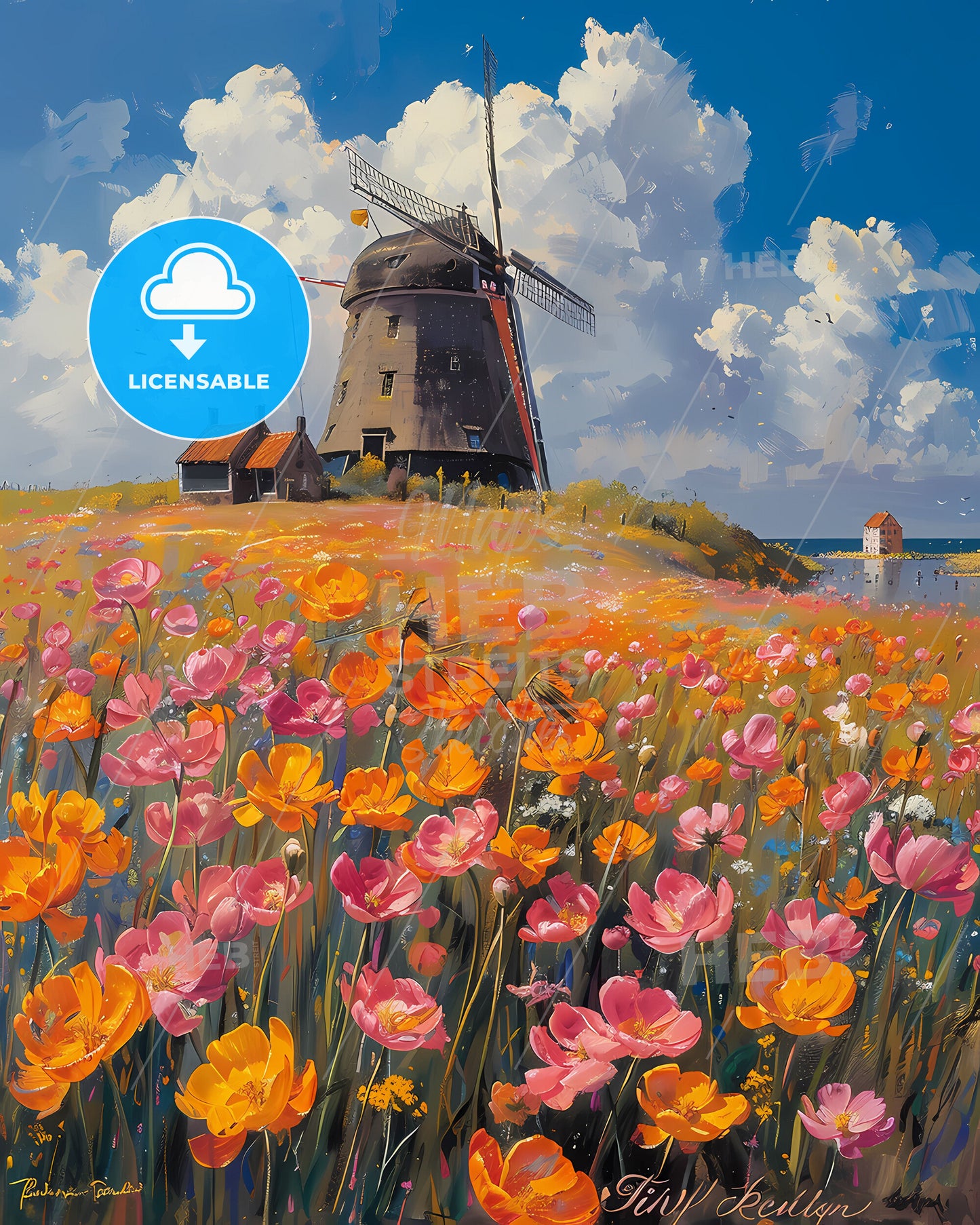 Vibrant Floral Windmill Landscape Painting, Netherlands, Europe